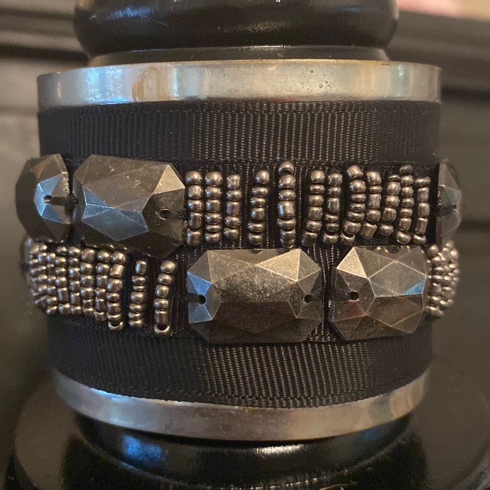 Vintage steel Plated black fabric covered with silver beads cuff bracelet